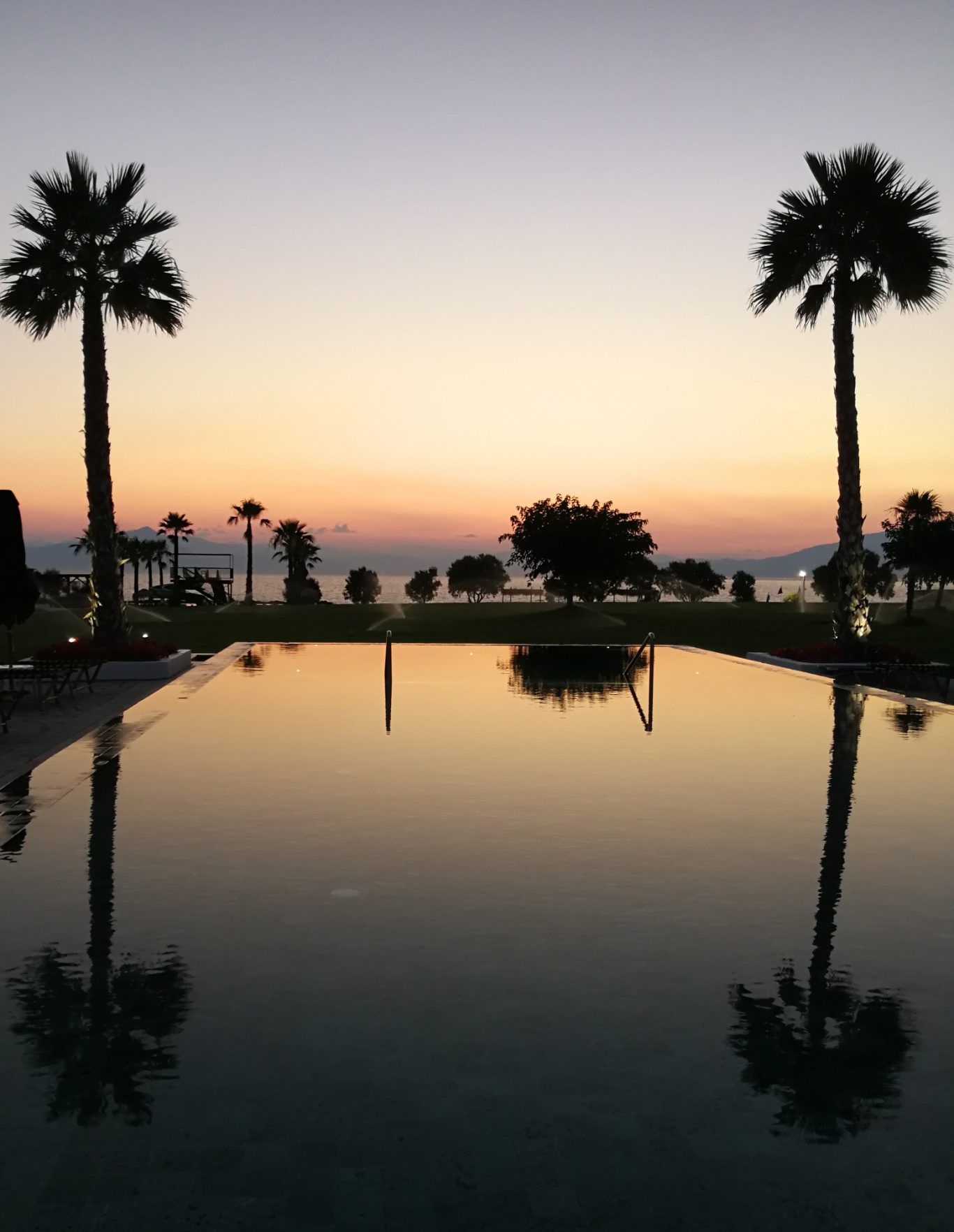 Palmen am Pool Abendliche Szenerie mit Palmen und spiegelndem Wasser, sanfte Farben am Horizont.