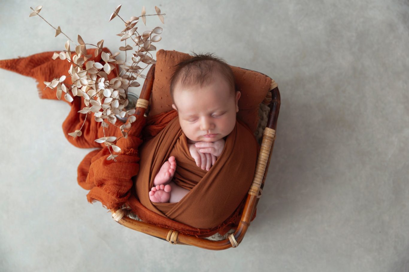 babyfotografie GeistFrei! Neugeborenes Baby in brauner Decke, eingerollt in einem Korb mit Pflanzen.