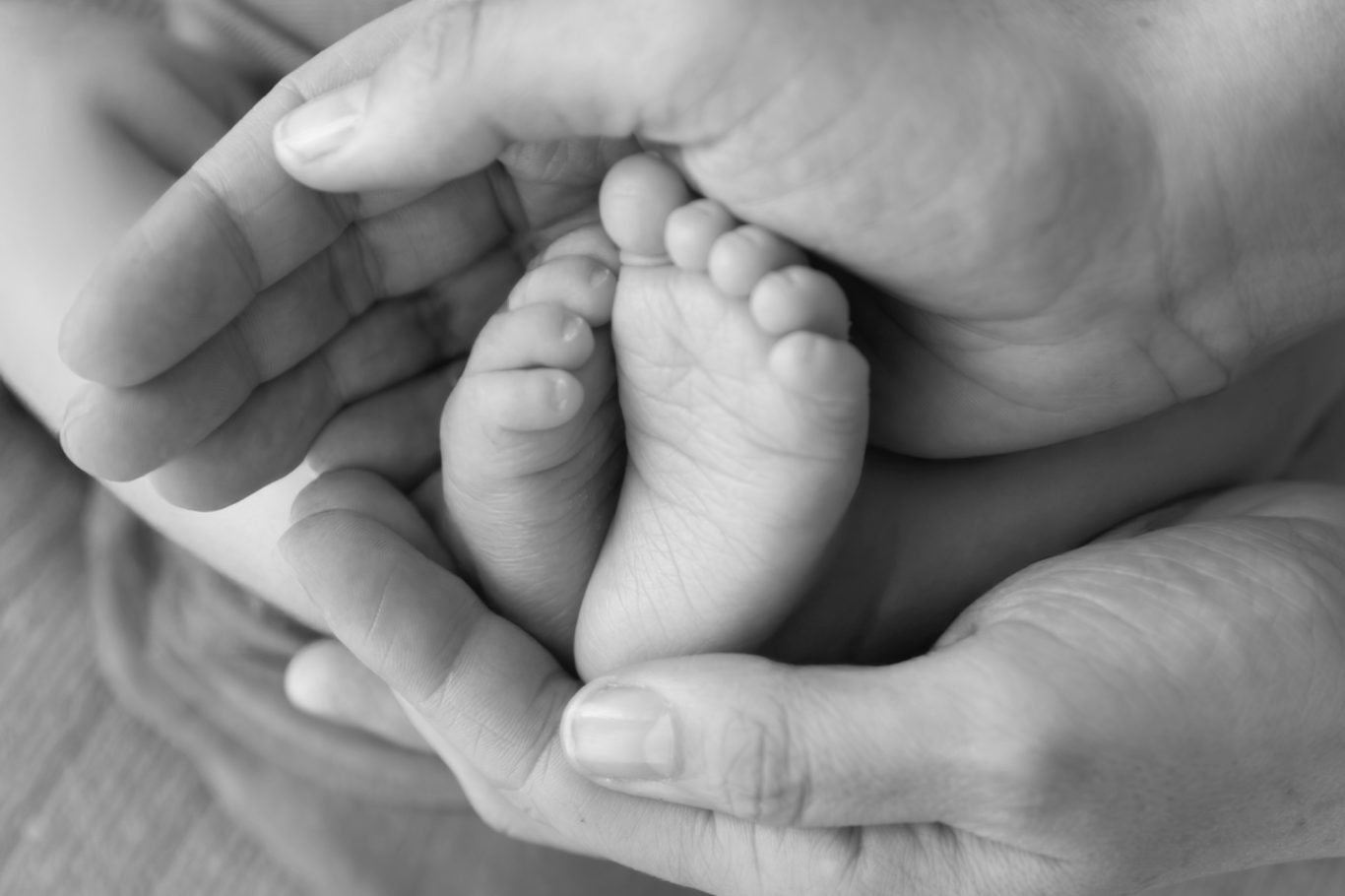 diese kleinen babyfüße - babyshooting GeistFrei! Hände halten einen kleinen Babyfuß in Schwarz-Weiß.